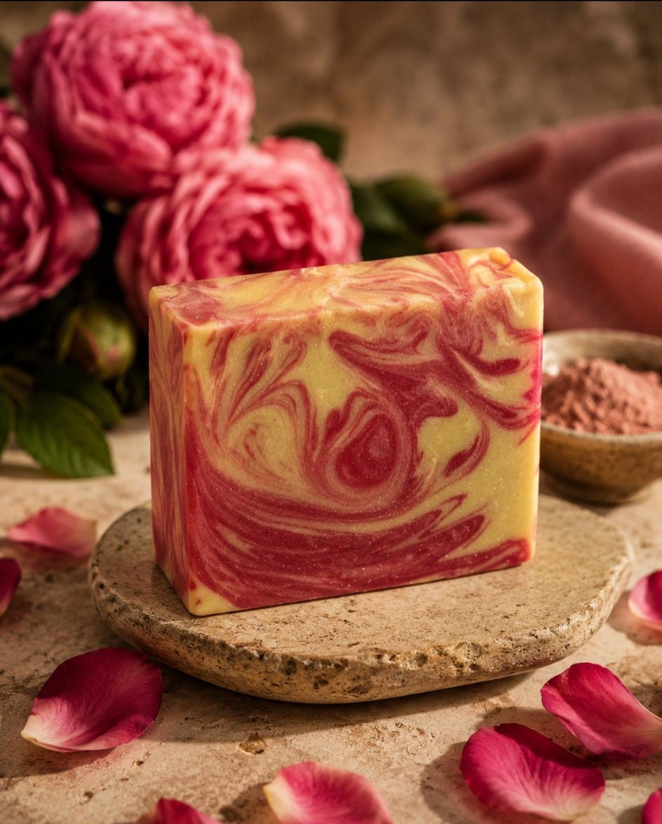 Kaltgerührte Manufakturseife Velvet Touch von PACATS COSMETIC MANUFACTURE, präsentiert auf einer edlen Steinplatte. Das stimmungsvolle Bild zeigt das pink-gelbe Marmormuster der Naturseife, umrahmt von echten Pfingstrosen, losen Blütenblättern im warmen, weichen Studiolicht.