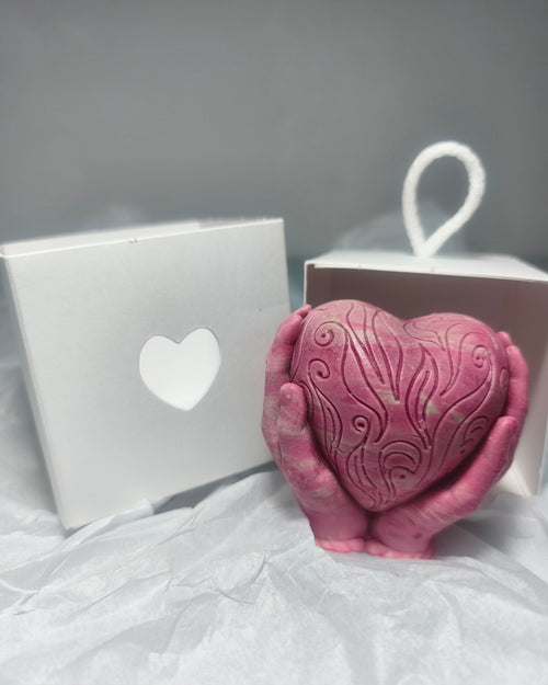 Artistic pink heart soap with gift packaging, handmade luxury artisan soap in a white gift box with a heart window.