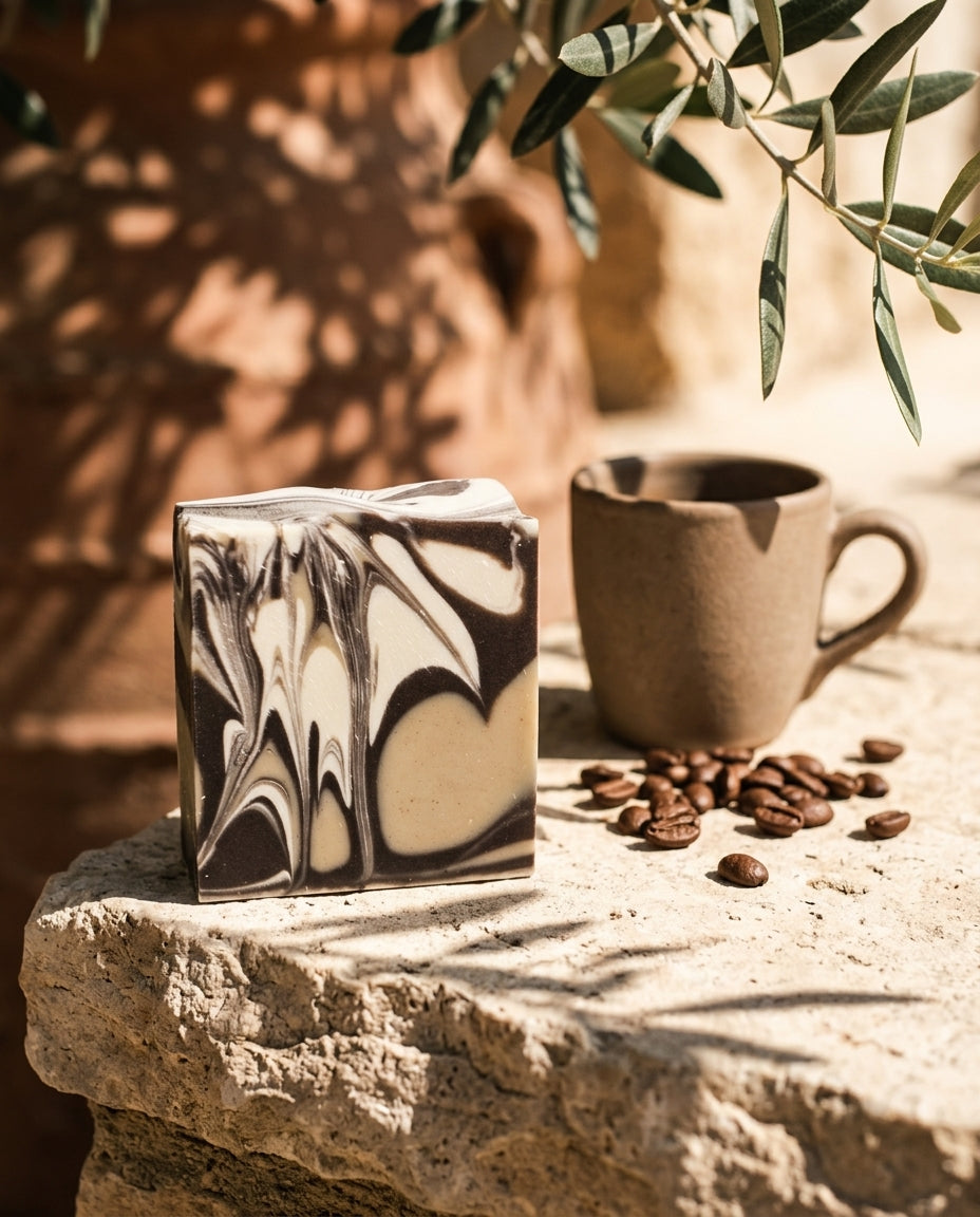 Kaltgerührte Manufakturseife Coffee Kiss von PACATS COSMETIC MANUFACTURE auf einer Natursteinplatte im warmen Tageslicht. Das Bild zeigt das markante braun-beige Design der Kaffeeseife, die mit echten Kaffeebohnen und einer matten Keramiktasse im mediterranen Ambiente eines zyprischen Steinhofs mit Olivenblätterschatten dekoriert ist.