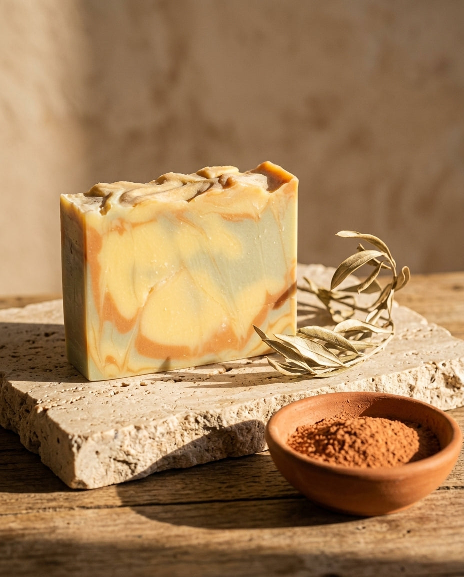 Ein rechteckiges Stück handgemachte Naturseife Oil & Clay steht auf einer rauen, hellen Travertin-Steinplatte, die auf einem Holztisch platziert ist. Die Seife zeigt ein dreifarbiges Swirl-Muster in Gelb, Blau-Grau und rötlichem Braun mit einer welligen Oberkante. Neben der Seife liegt ein getrockneter Olivenzweig. Im Vordergrund steht eine kleine Tonschale mit feinem, rötlich-braunem Tonerdepulver. Warmes Sonnenlicht wirft sanfte Schatten im Hintergrund.