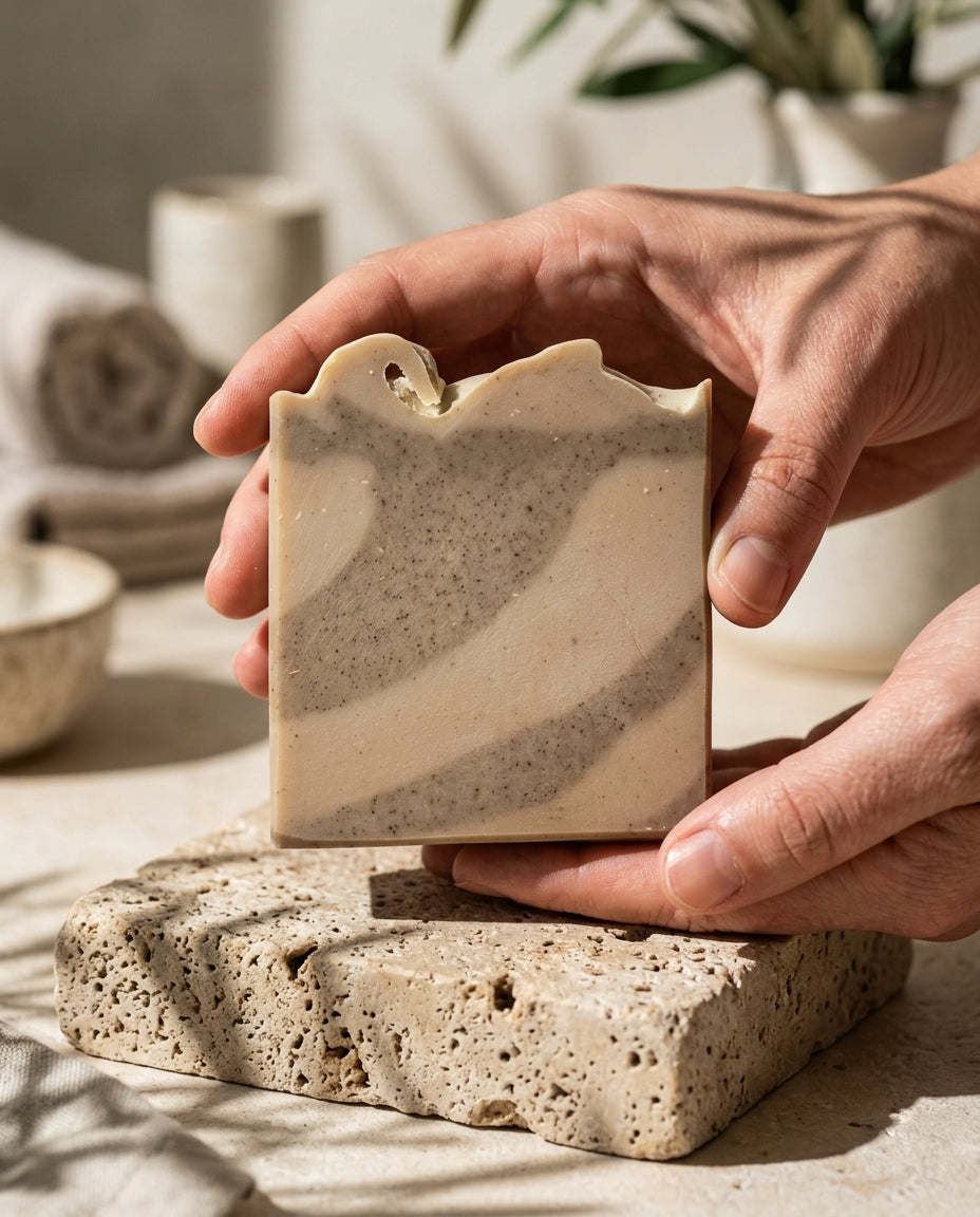 Zwei geöffnete Hände halten eine handgemachte Olive-Vanille-Seife mit geschwungenem Hell- und Dunkelbraun-Muster über einer hellen Natursteinplatte mit sanftem Blätterschatten.