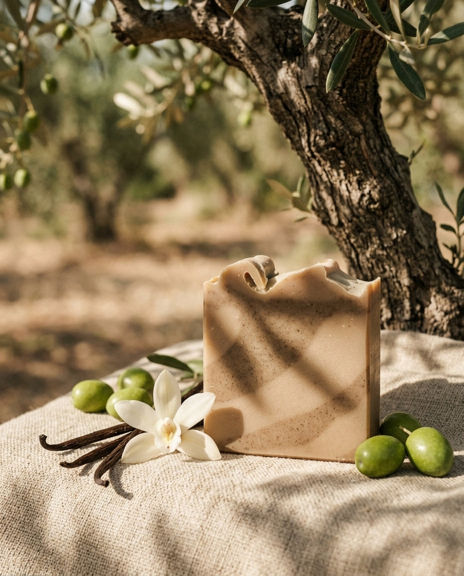 Ein Stück rechteckige Naturseife Olive-Vanilla steht auf einer hellen Jutedecke im Schatten eines Olivenbaums. Neben der Seife liegen frische grüne Oliven, getrocknete Vanilleschoten und eine weiße Vanilleblüte. Das Sonnenlicht wirft sanfte Blätterschatten auf das Seifenstück mit erdigen, braun-beigen Mustern.