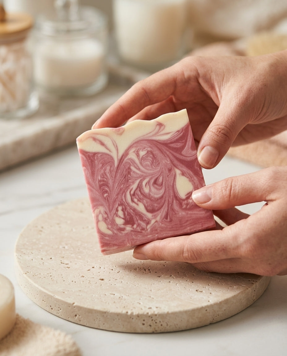Zwei geöffnete Hände halten ein rechteckiges Stück handgemachte Naturseife mit einem eleganten Wirbelmuster in Altrosa und Cremeweiß über einer hellen, runden Holzunterlage.