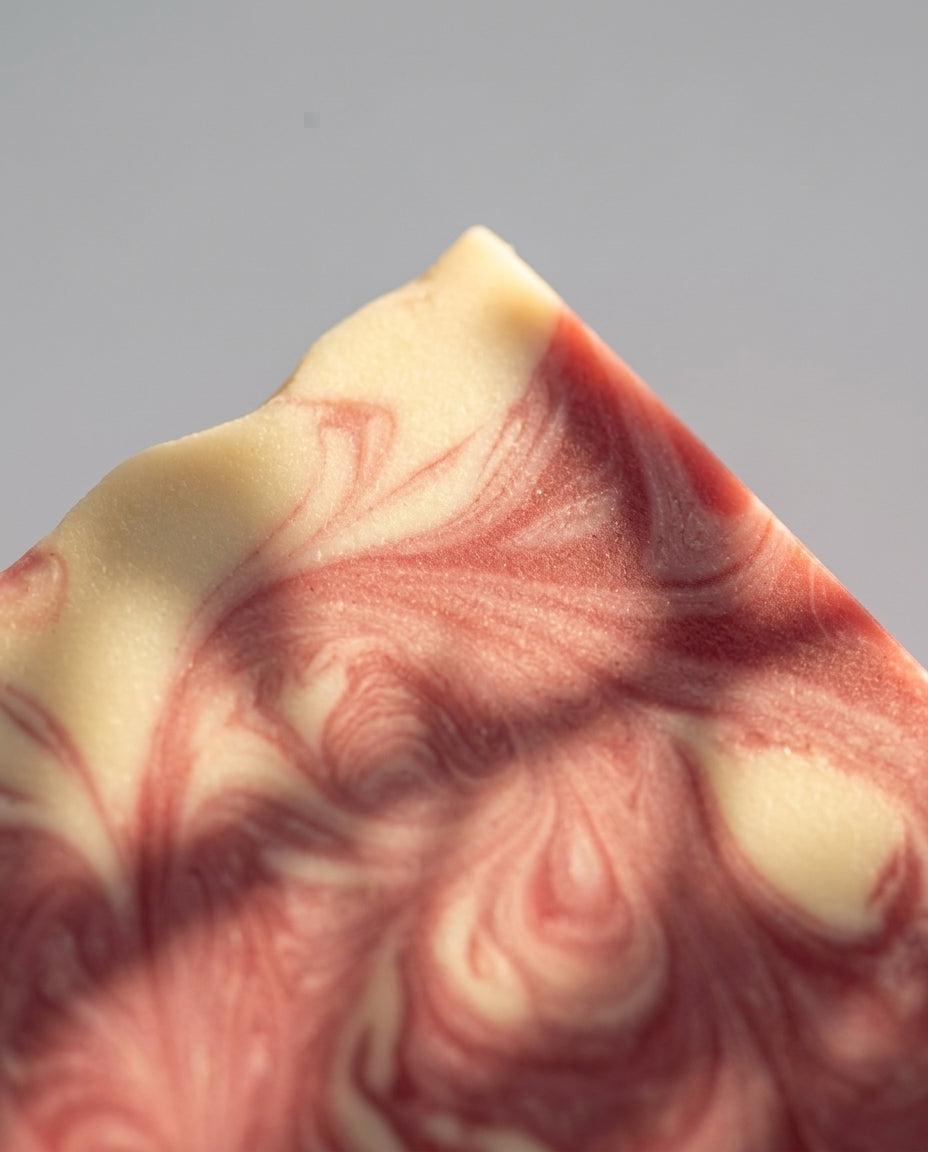 Eine Makro-Nahaufnahme der oberen Ecke eines rechteckigen Seifenstücks Velvet Touch vor einem hellgrauen Hintergrund. Gut erkennbar ist die wellige, rustikal geformte Oberkante sowie das feine, marmorierte Swirl-Muster aus cremigen weiß-beigen Abschnitten und einer rötlich-pinken Nuance mit einem dezenten Schimmer. Sanfte Pflanzenschatten fallen schräg über die glatte Oberfläche der Seife.
